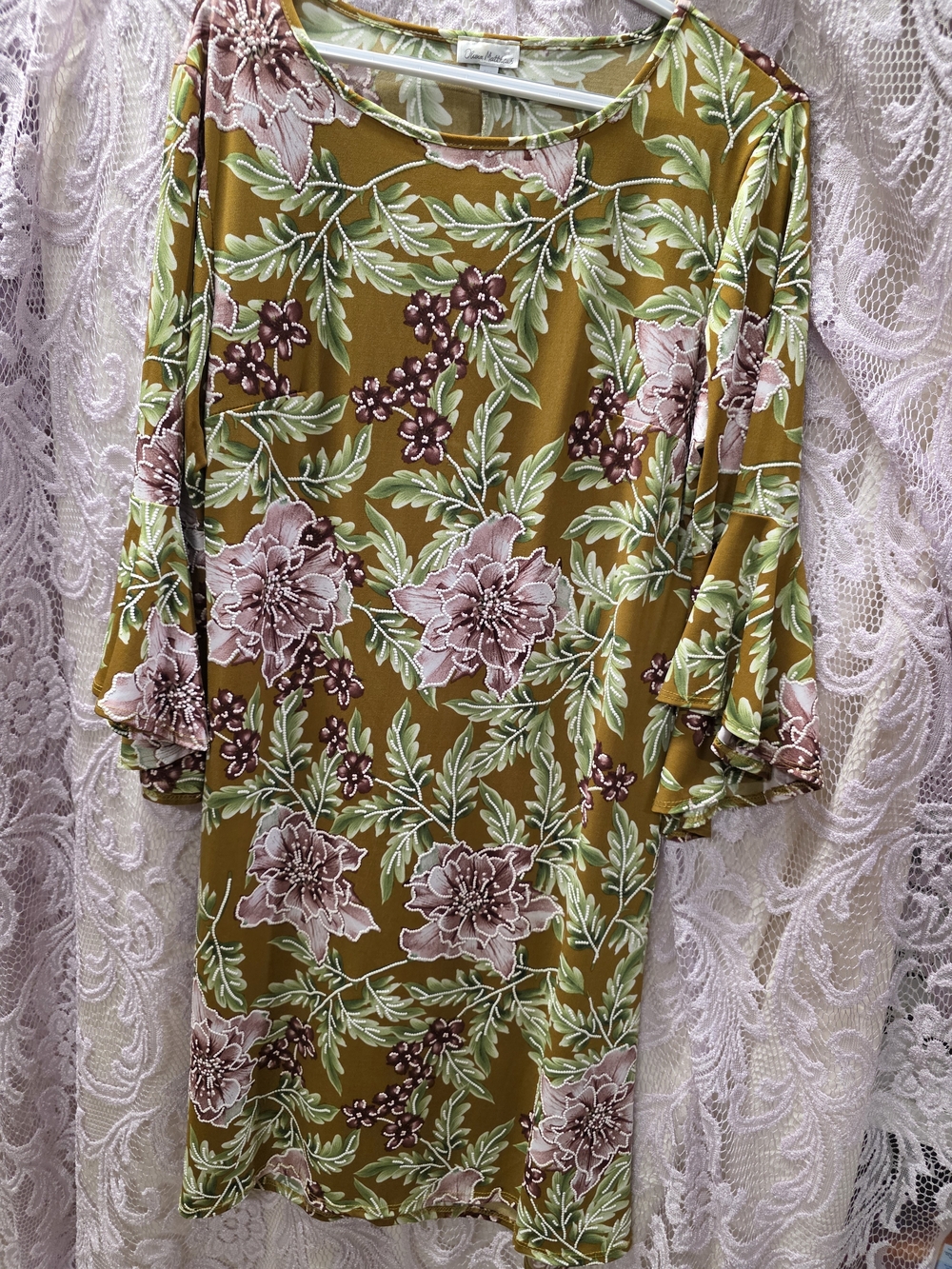 Olivia Matthews Mustard Floral Midi Dress with Texture on Pink & Green Accents